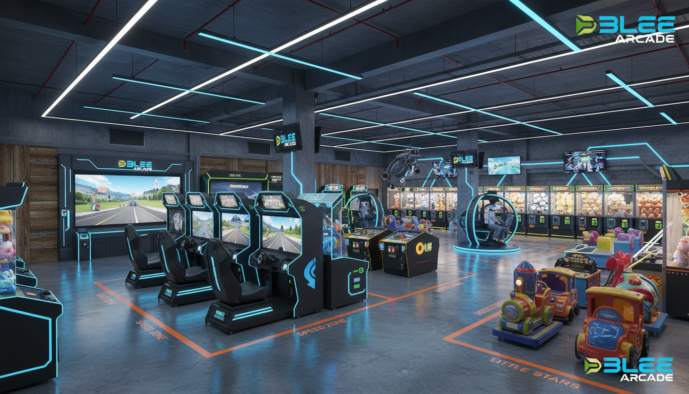 Balanced BLEE arcade machine mix in a modern family entertainment center: racing and shooting simulators, VR/AR attractions, claw machines, redemption games, and kiddie rides; industrial-grade finishes, cohesive branding, dynamic lighting, clean cable management, revenue zoning markers.